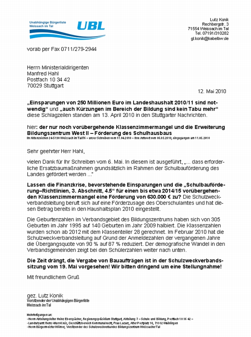 Schreiben an das Ministerium