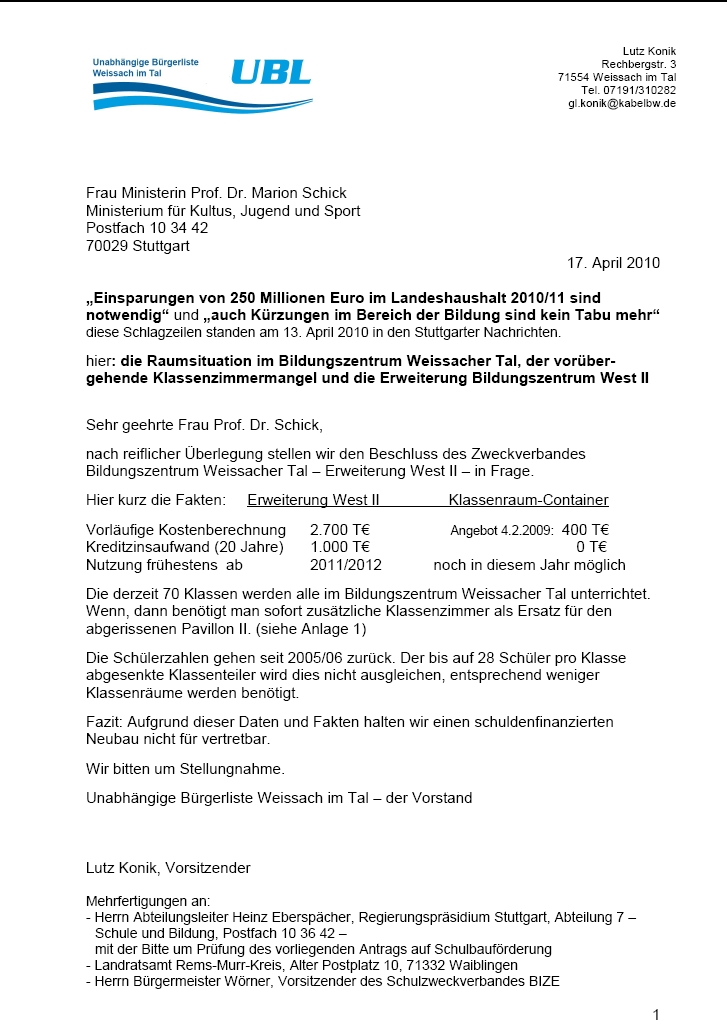 Brief an Ministerium