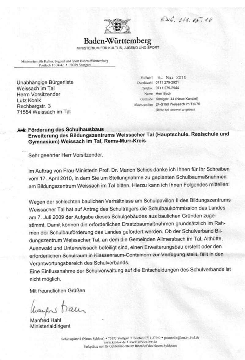 Antwort vom Ministerium